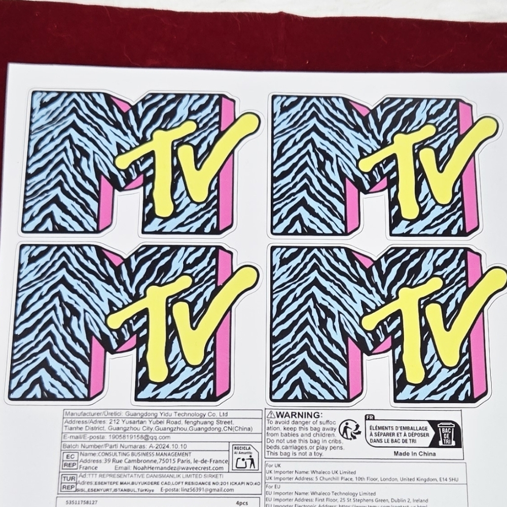 MTV Music Television ZEBRA Logo Vinyl Stickers Retro Y2K Waterproof Decals 4pc